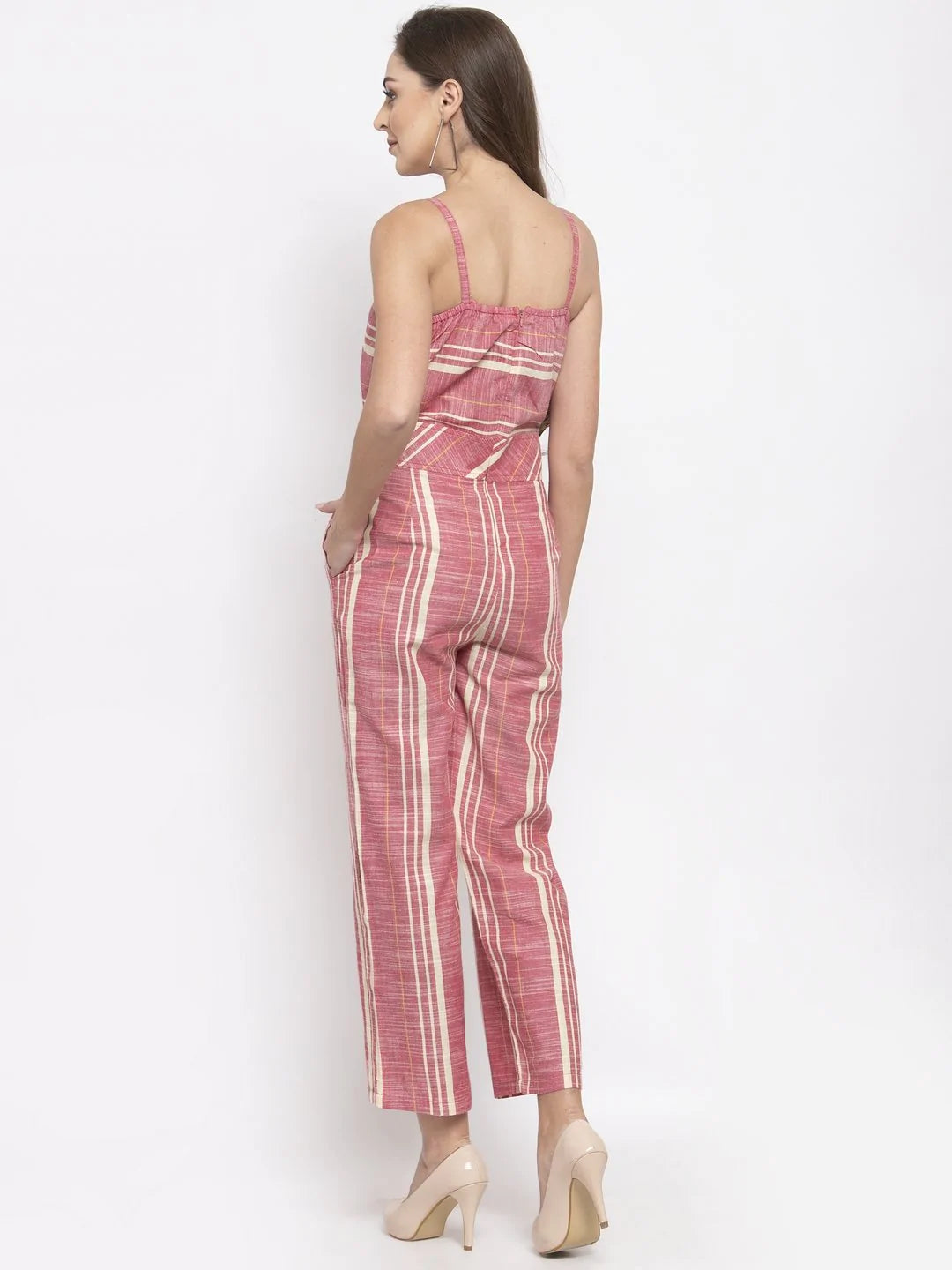 Women Red & Off-White Striped Basic Jumpsuit ( JUP 8001 Red )