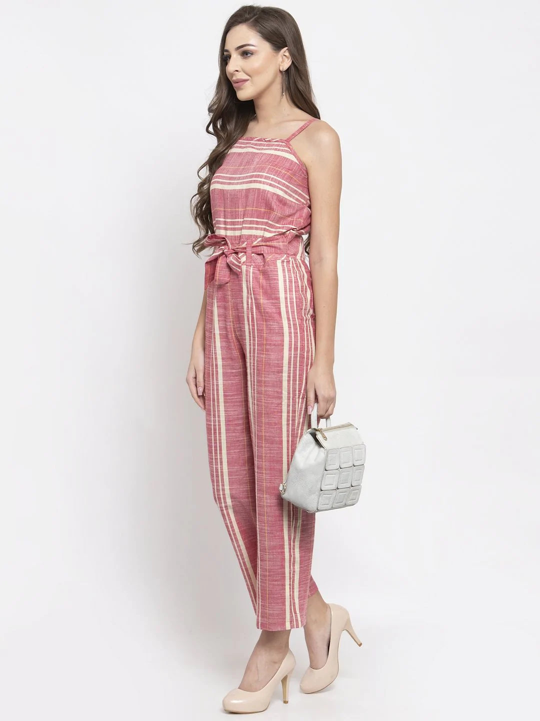 Women Red & Off-White Striped Basic Jumpsuit ( JUP 8001 Red )