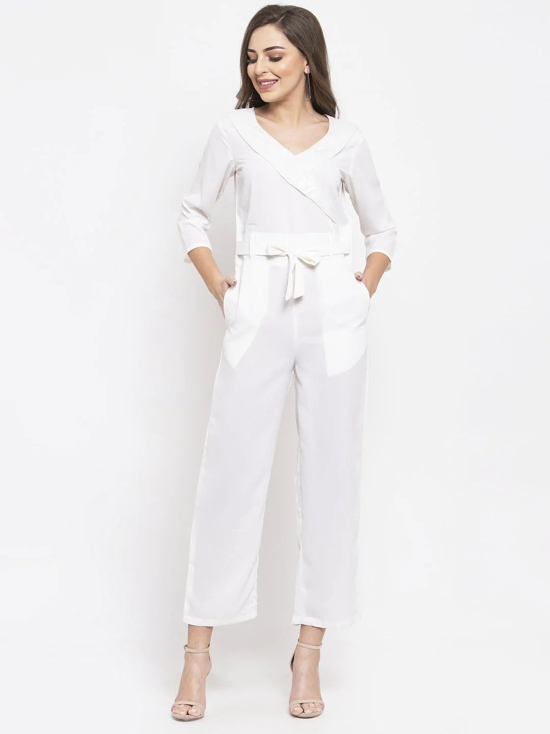 Jompers Women White Solid Jumpsuit with sequence on neck ( JUP 8003 White )