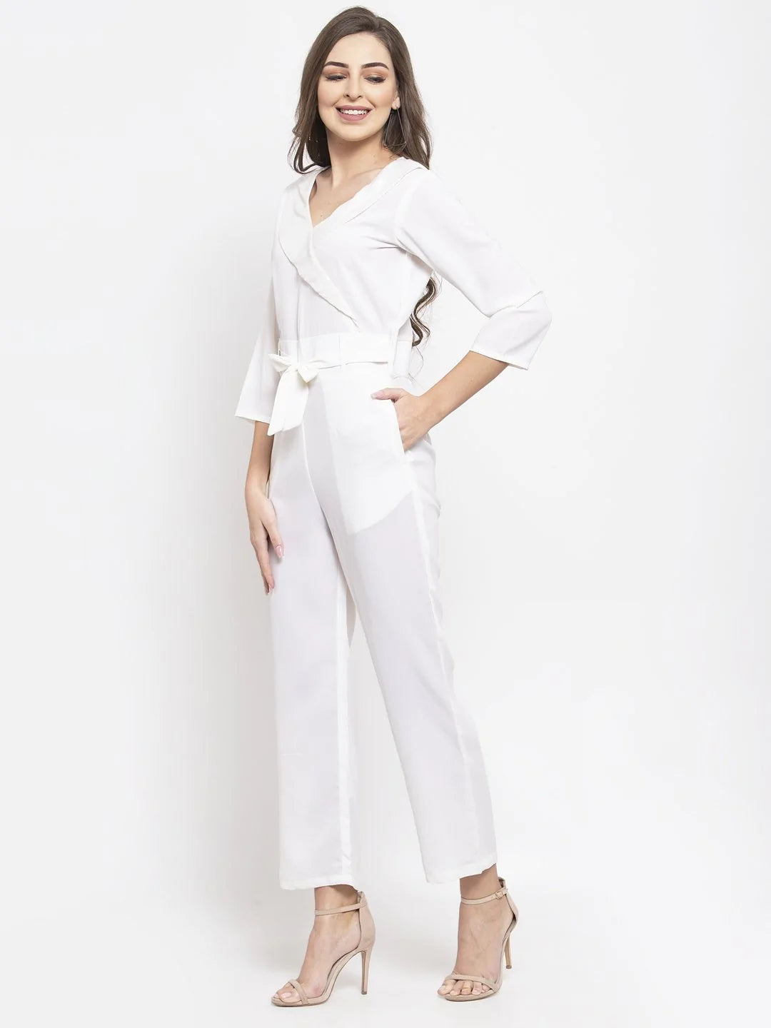 Jompers Women White Solid Jumpsuit with sequence on neck ( JUP 8003 White )