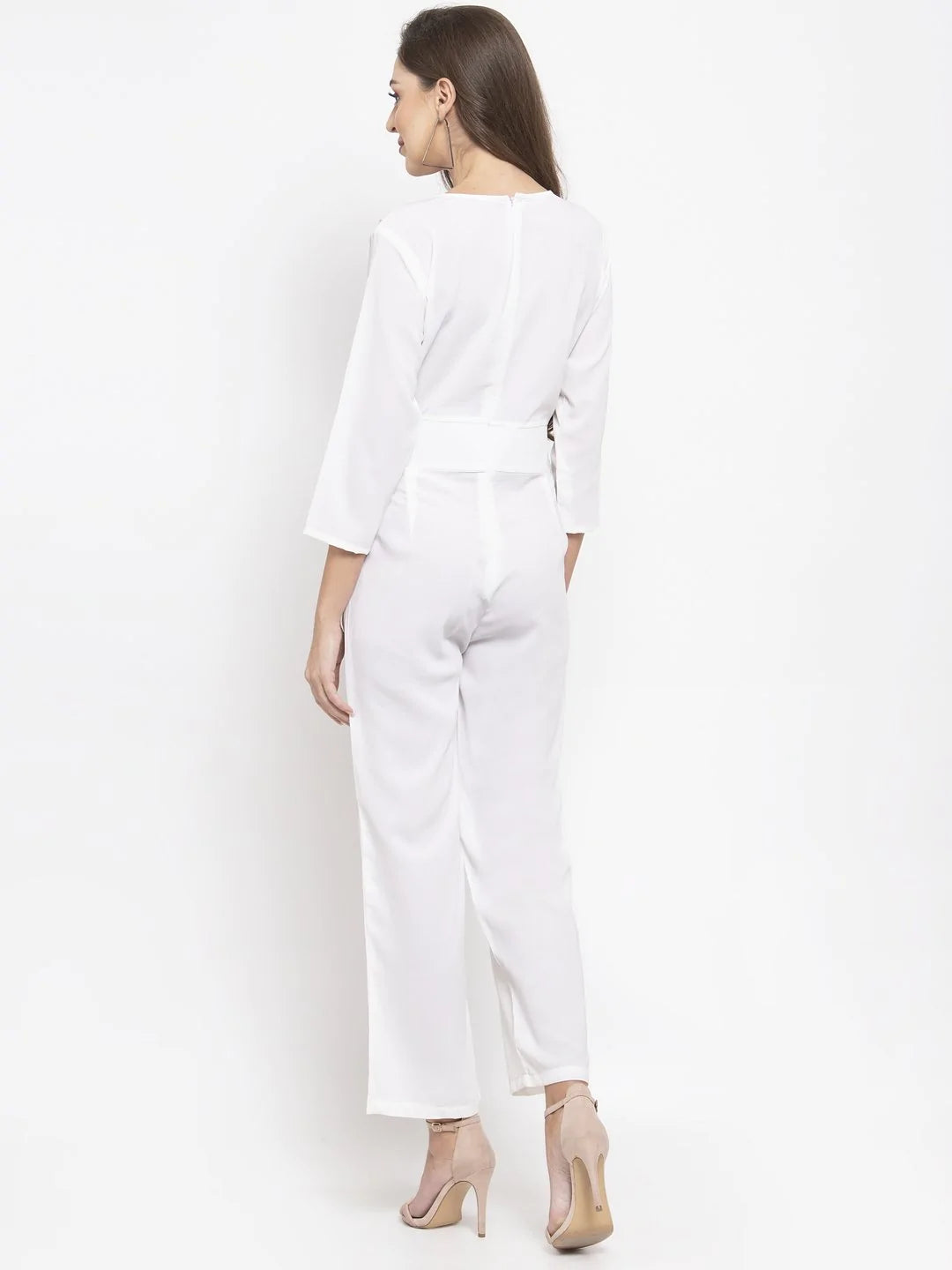 Jompers Women White Solid Jumpsuit with sequence on neck ( JUP 8003 White )