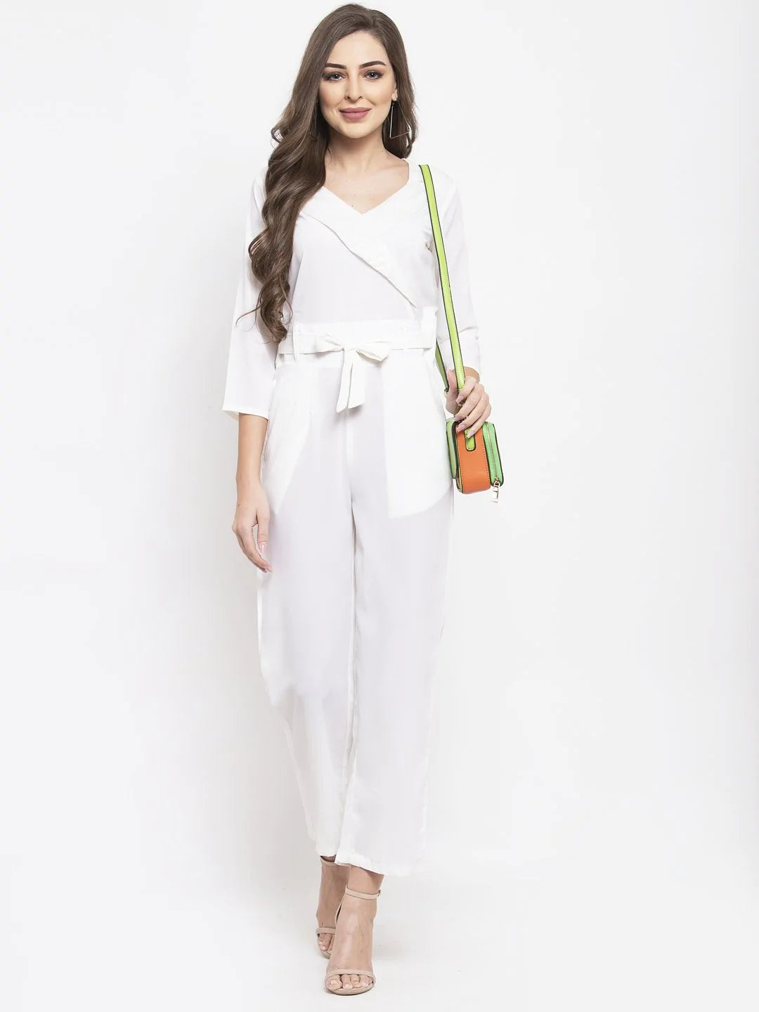 Jompers Women White Solid Jumpsuit with sequence on neck ( JUP 8003 White )