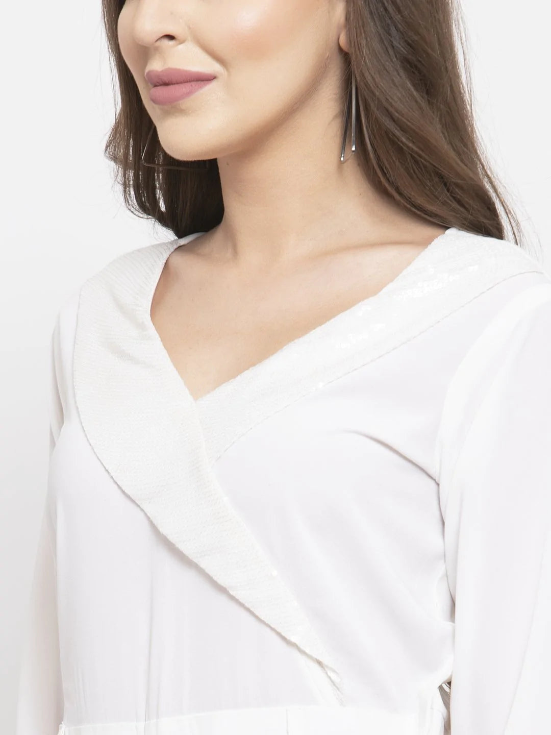 Jompers Women White Solid Jumpsuit with sequence on neck ( JUP 8003 White )