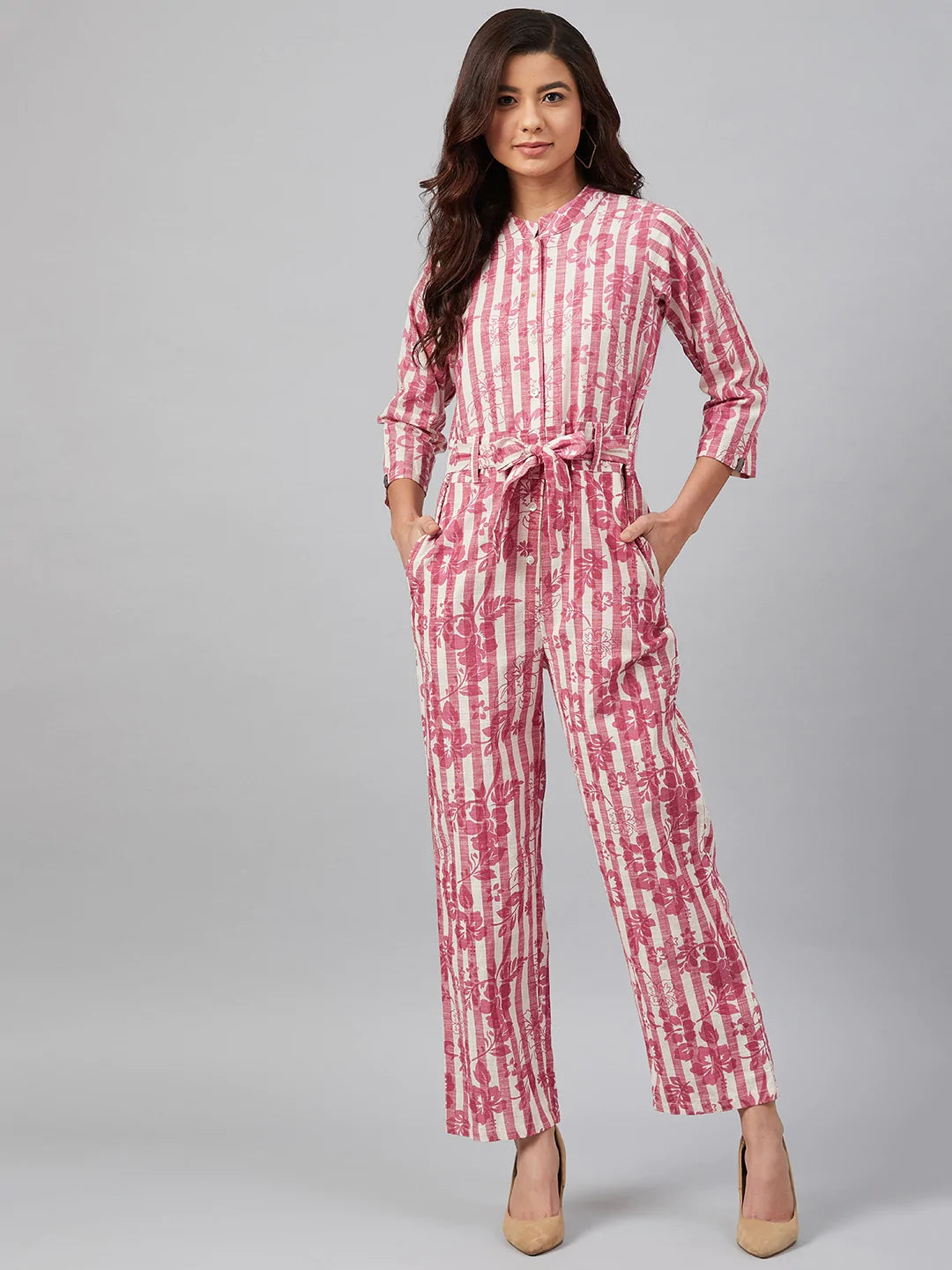 Jompers Women Off-White & Pink Striped Mandarin Collar Basic Jumpsuit ( JUP 8009 Red )