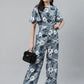 Jompers Women Grey & Off-White Printed Keyhole Neck Flared Sleeves Basic Jumpsuit ( JUP 8014 Grey )