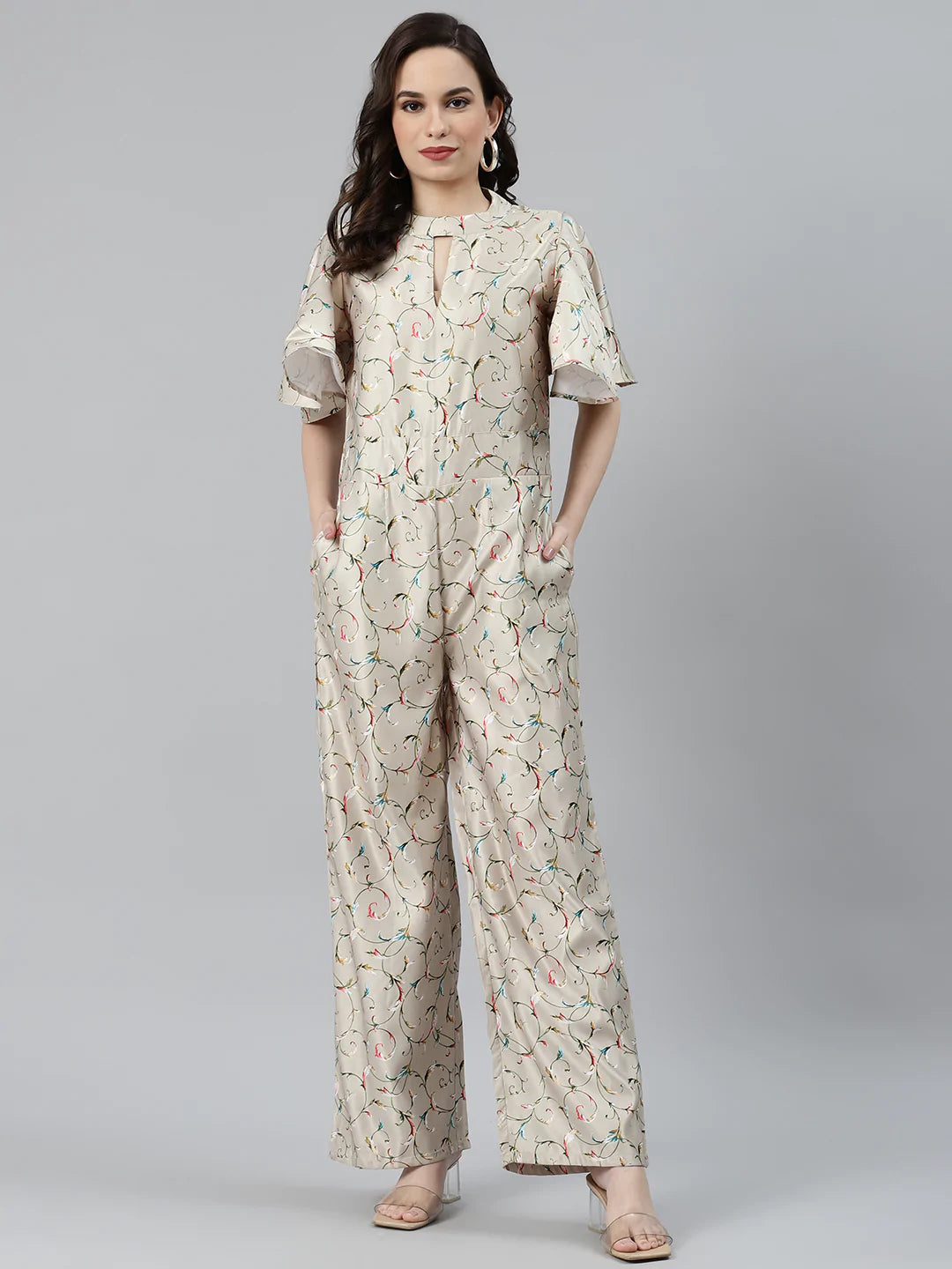 Jompers Women Lime Green & Off-White Printed Keyhole Neck Flared Sleeves Basic Jumpsuit ( JUP 8014 Lime )