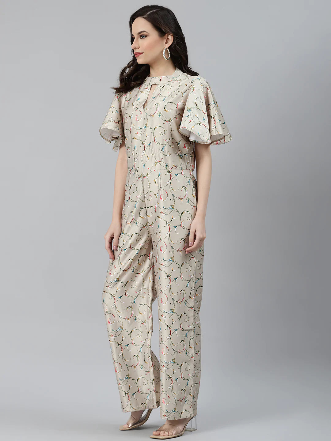 Jompers Women Lime Green & Off-White Printed Keyhole Neck Flared Sleeves Basic Jumpsuit ( JUP 8014 Lime )