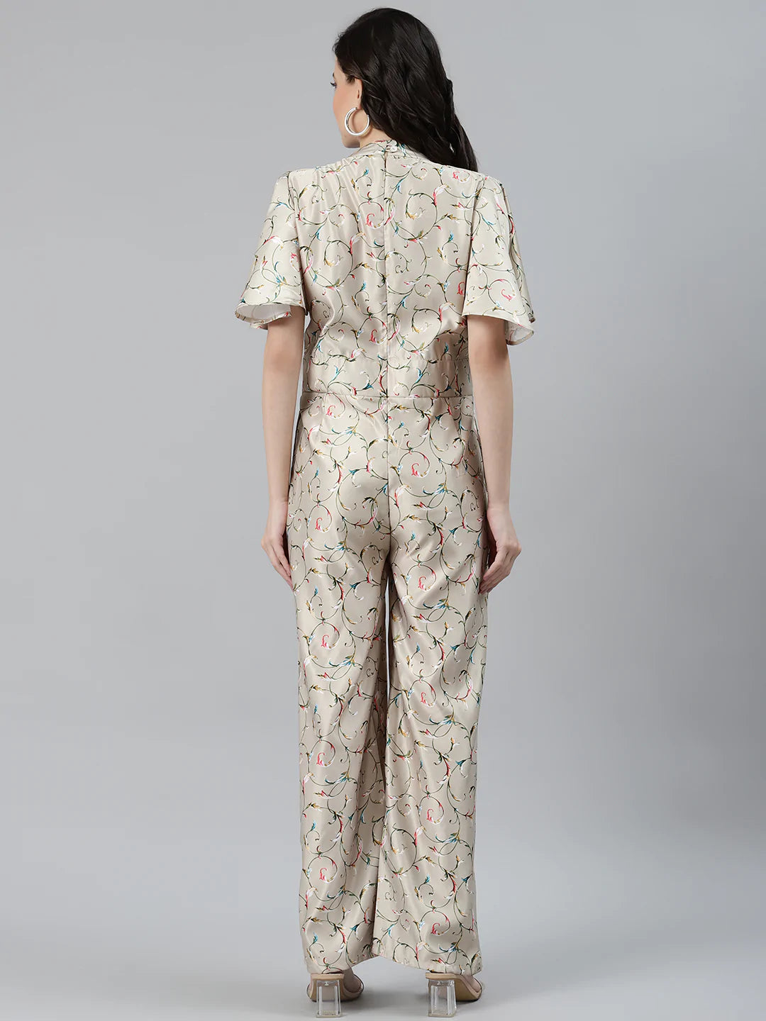 Jompers Women Lime Green & Off-White Printed Keyhole Neck Flared Sleeves Basic Jumpsuit ( JUP 8014 Lime )