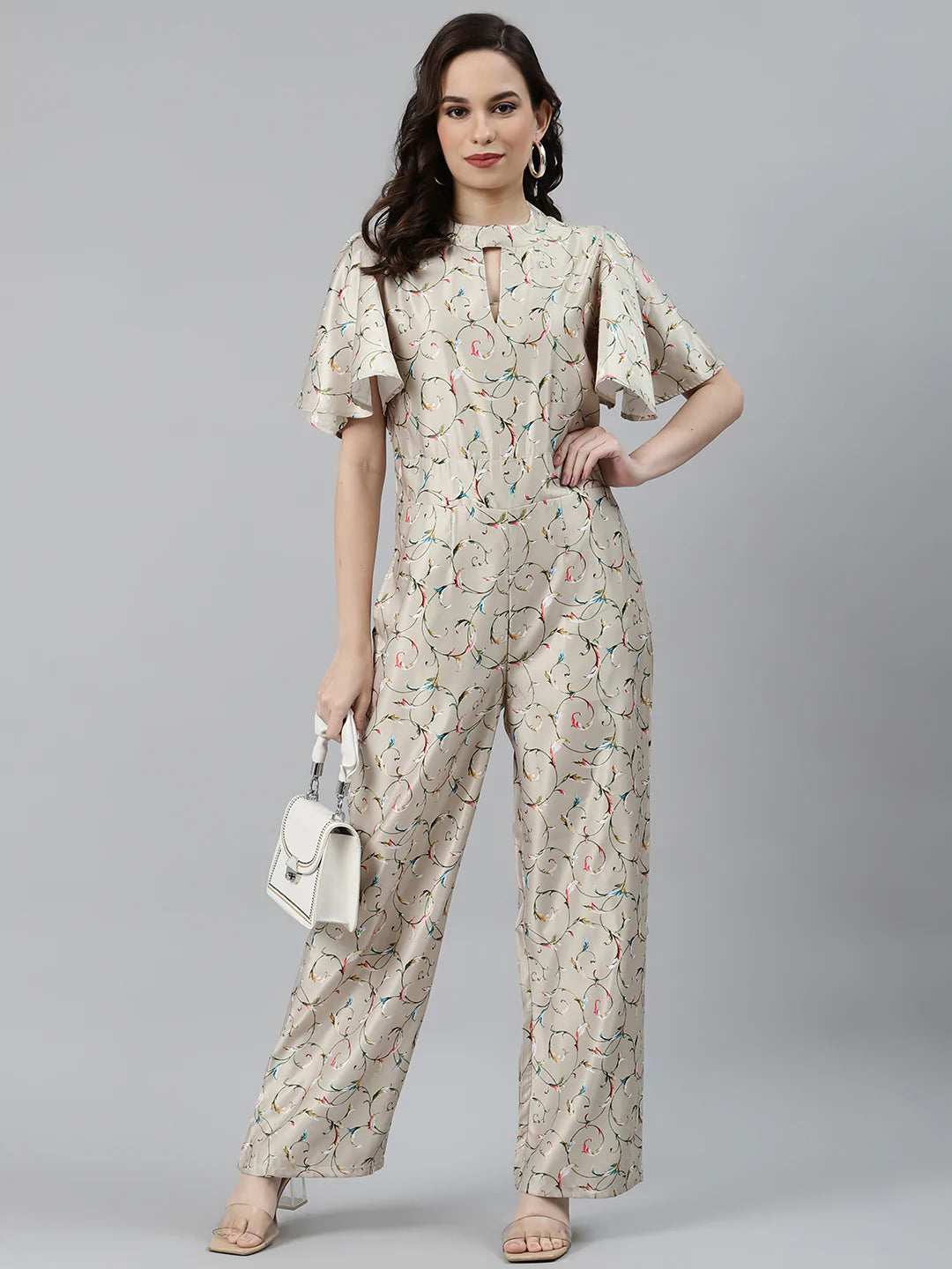 Jompers Women Lime Green & Off-White Printed Keyhole Neck Flared Sleeves Basic Jumpsuit ( JUP 8014 Lime )