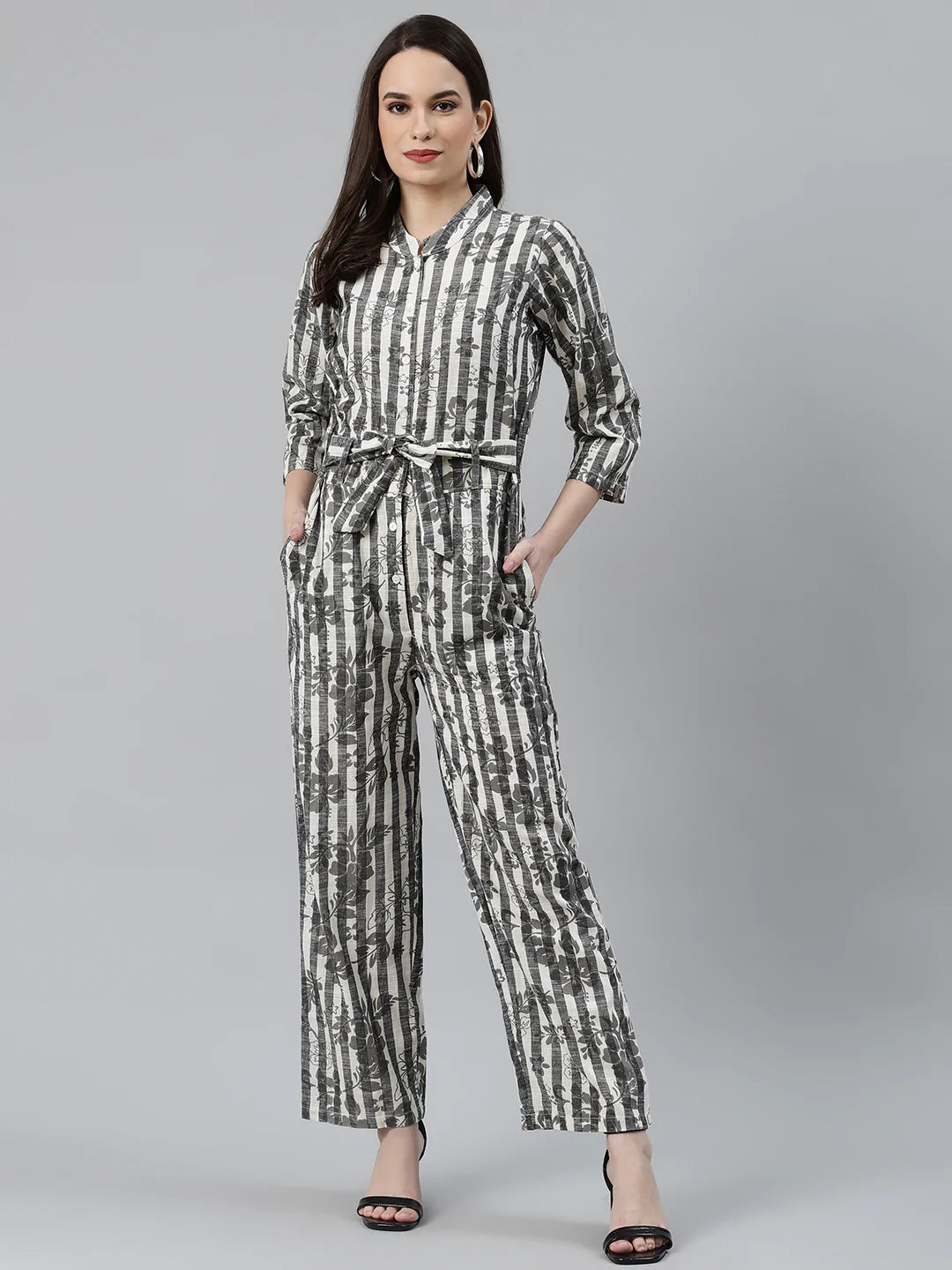 Jompers Women Off-White & Grey Striped Mandarin Collar Basic Jumpsuit ( JUP 8009 Grey )