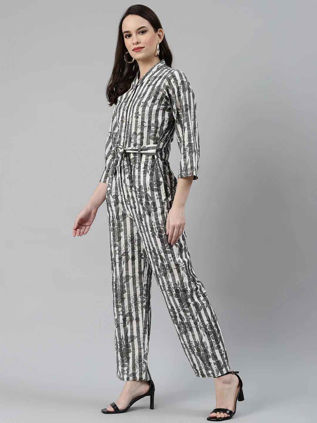 Jompers Women Off-White & Grey Striped Mandarin Collar Basic Jumpsuit ( JUP 8009 Grey )