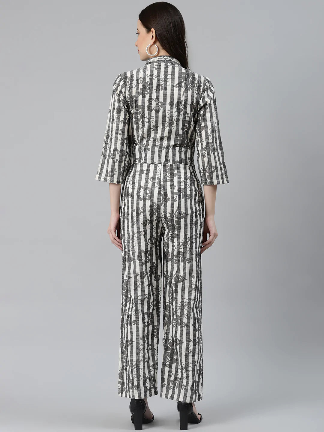 Jompers Women Off-White & Grey Striped Mandarin Collar Basic Jumpsuit ( JUP 8009 Grey )