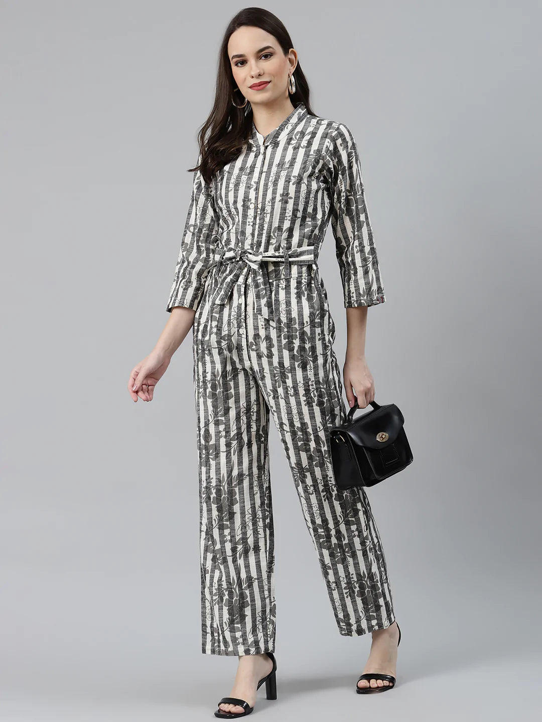 Jompers Women Off-White & Grey Striped Mandarin Collar Basic Jumpsuit ( JUP 8009 Grey )