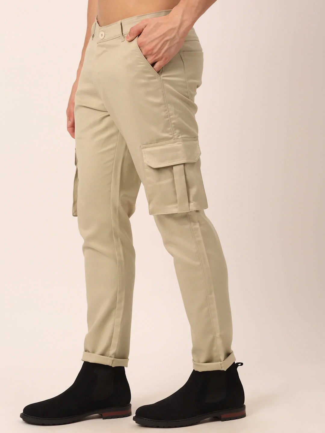 Jainish Men's Casual Cotton Solid Cargo Pants ( KGP 154 Cream )