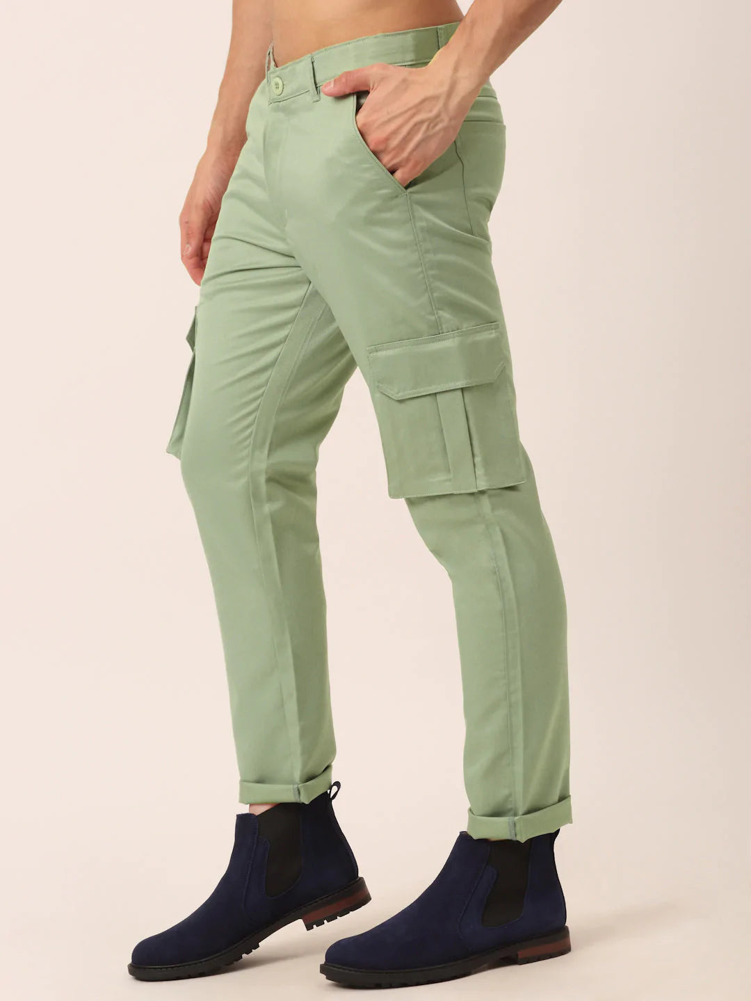 Jainish Men's Casual Cotton Solid Cargo Pants ( KGP 154 Pista-Green )