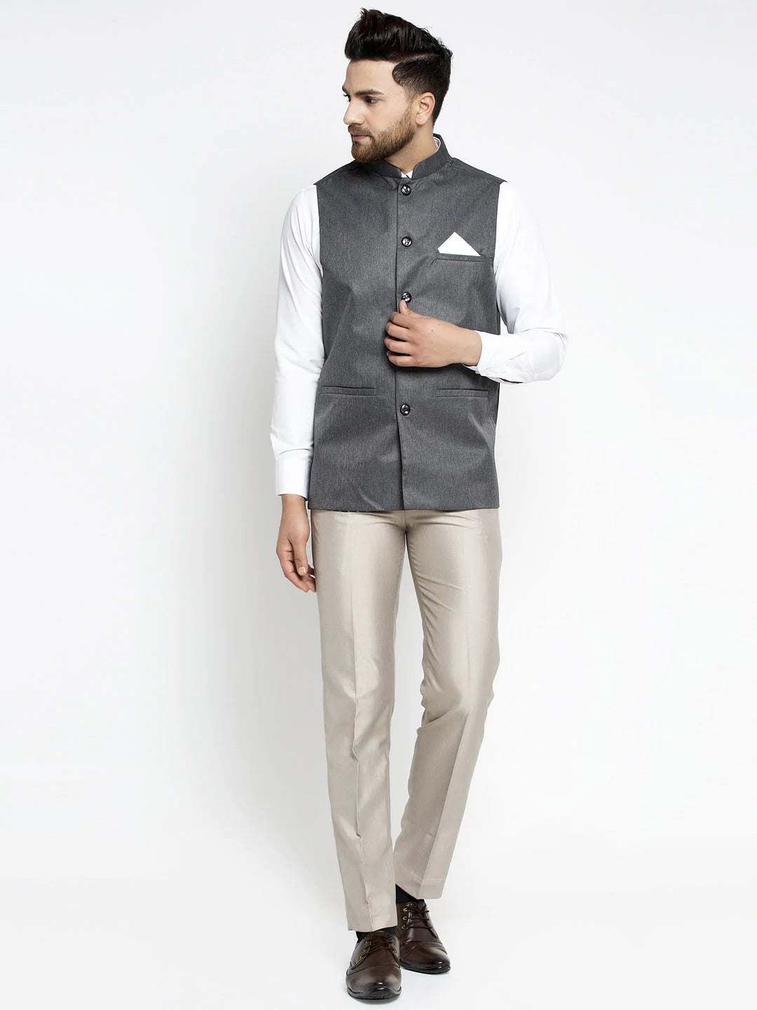 Jompers Men's Grey Melange Solid Nehru Jacket ( JOWC 4021Charcoal )