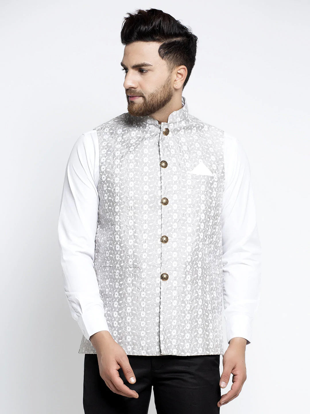 Jompers Men's Grey Embroidered Nehru Jacket ( JOWC 4023Grey )