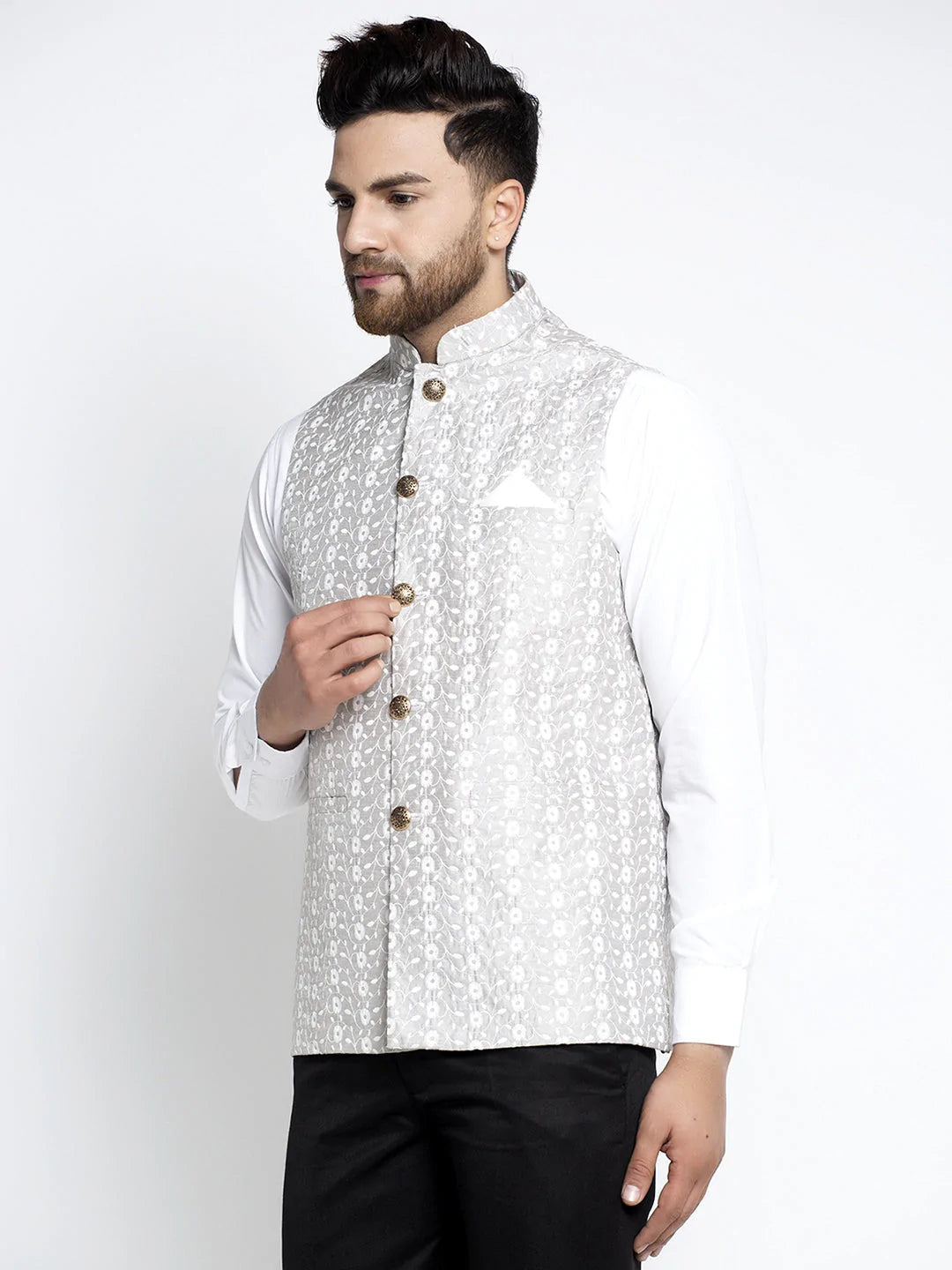 Jompers Men's Grey Embroidered Nehru Jacket ( JOWC 4023Grey )