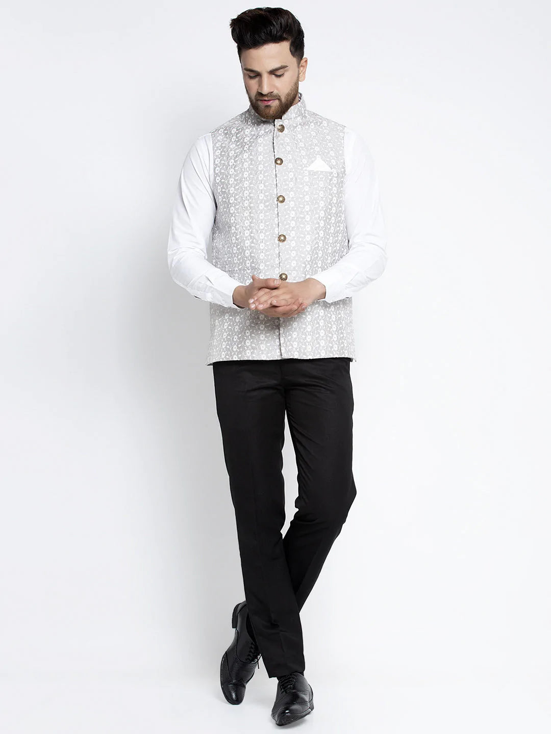 Jompers Men's Grey Embroidered Nehru Jacket ( JOWC 4023Grey )