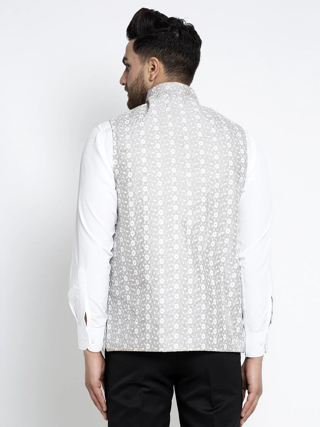 Jompers Men's Grey Embroidered Nehru Jacket ( JOWC 4023Grey )