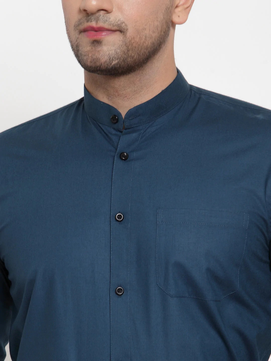 Jainish Navy Men's Cotton Solid Mandarin Collar Formal Shirts ( SF 726Teal )