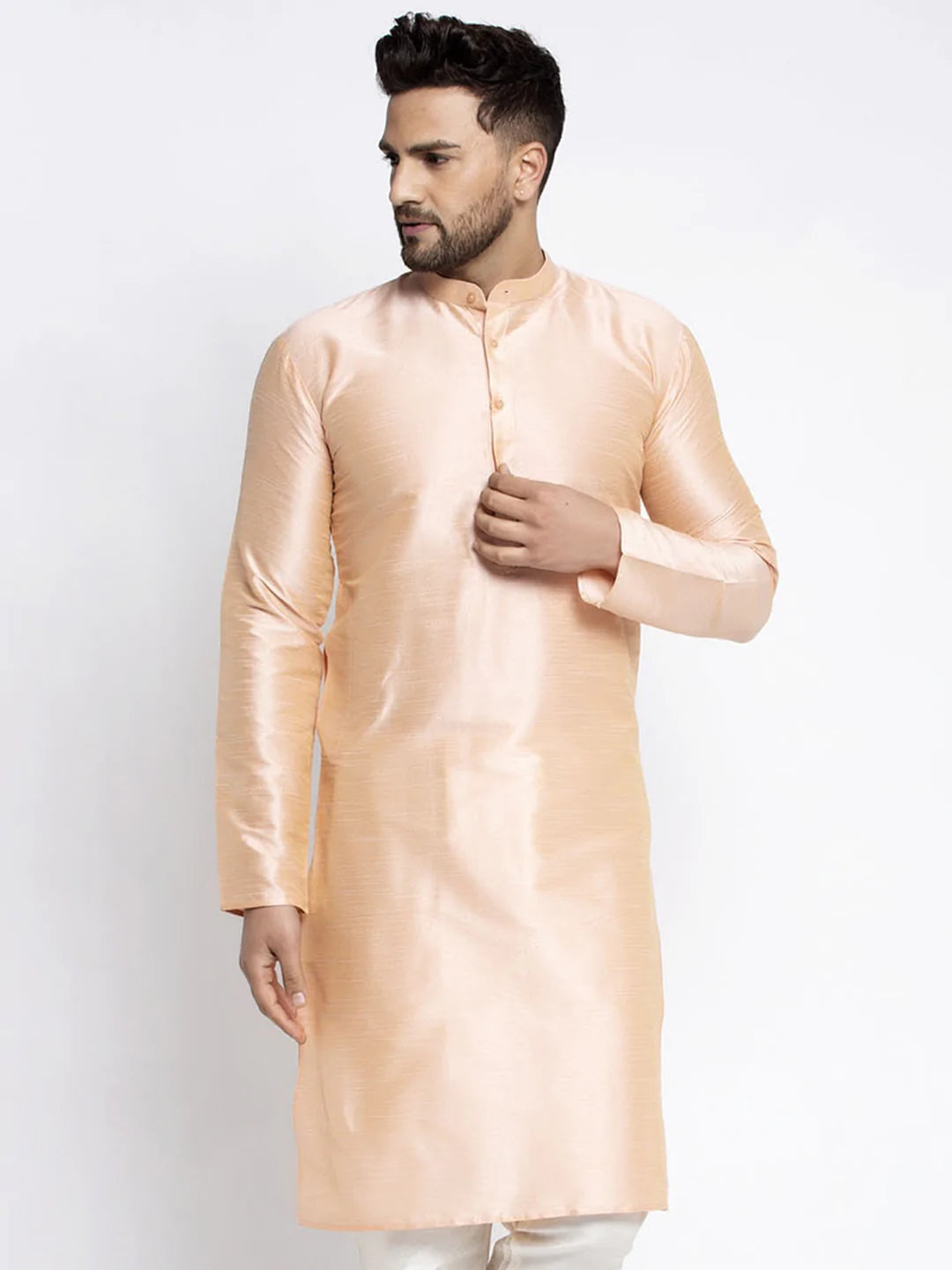 Jompers Men's Peach Solid Dupion Silk Kurta Only( KO 636 Peach )