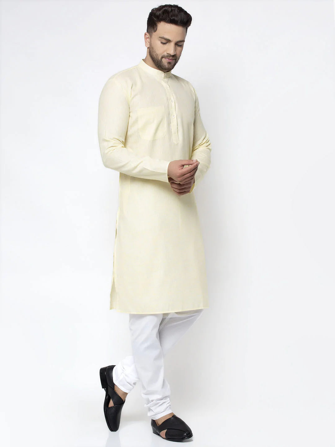 Jompers Men Lemon Yellow & White Self Design Kurta Only ( KO 638 Lemon )