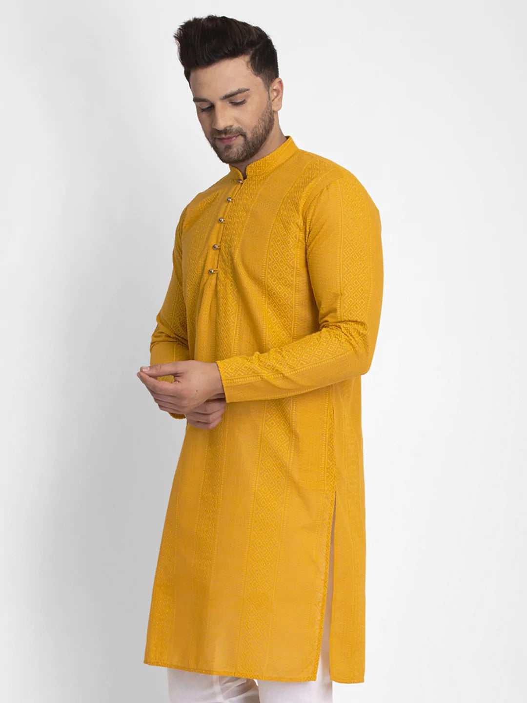 Jompers Men Mustard Embroidered Kurta Only ( KO 640 Mustard )