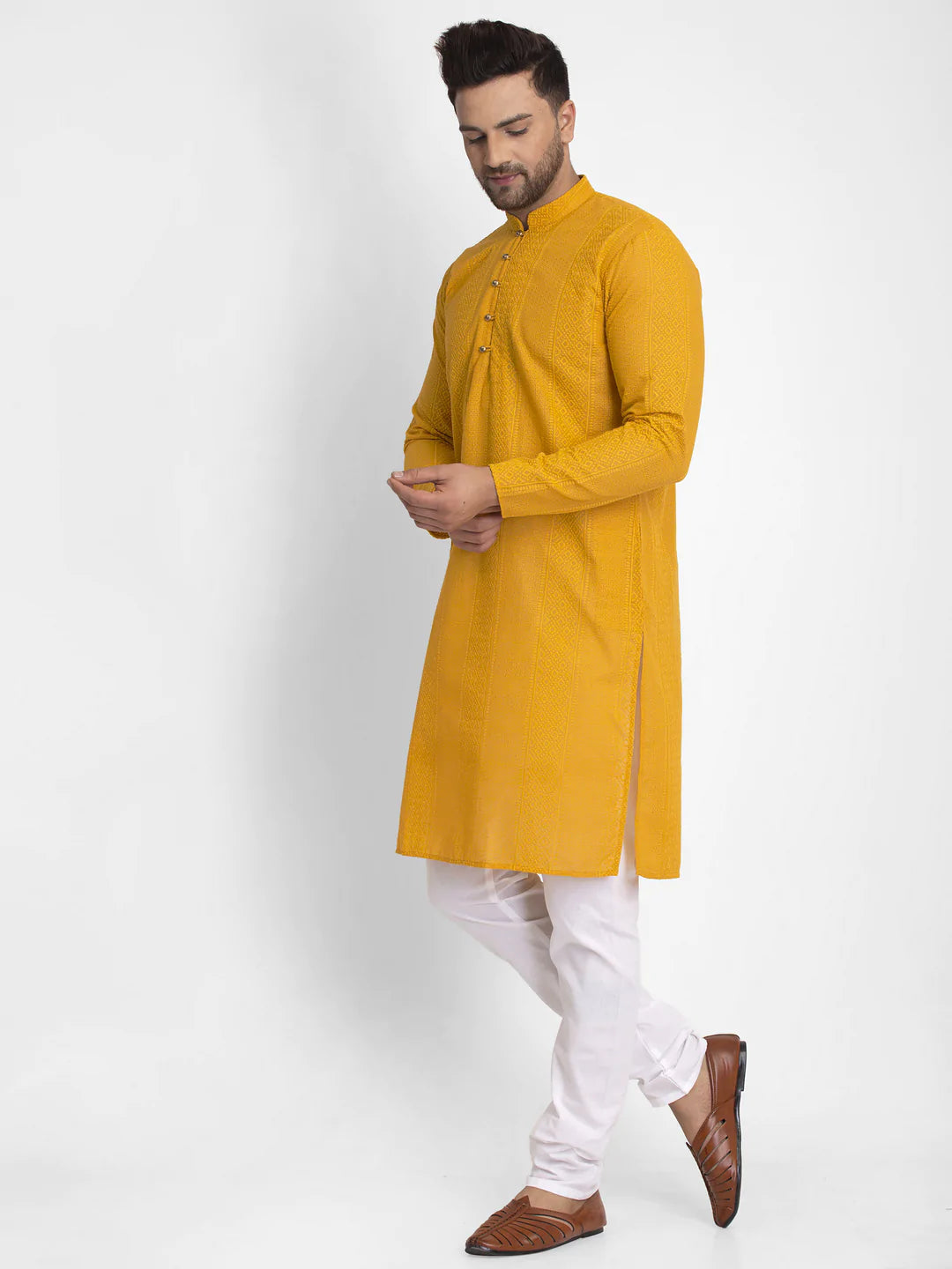 Jompers Men Mustard Embroidered Kurta Only ( KO 640 Mustard )