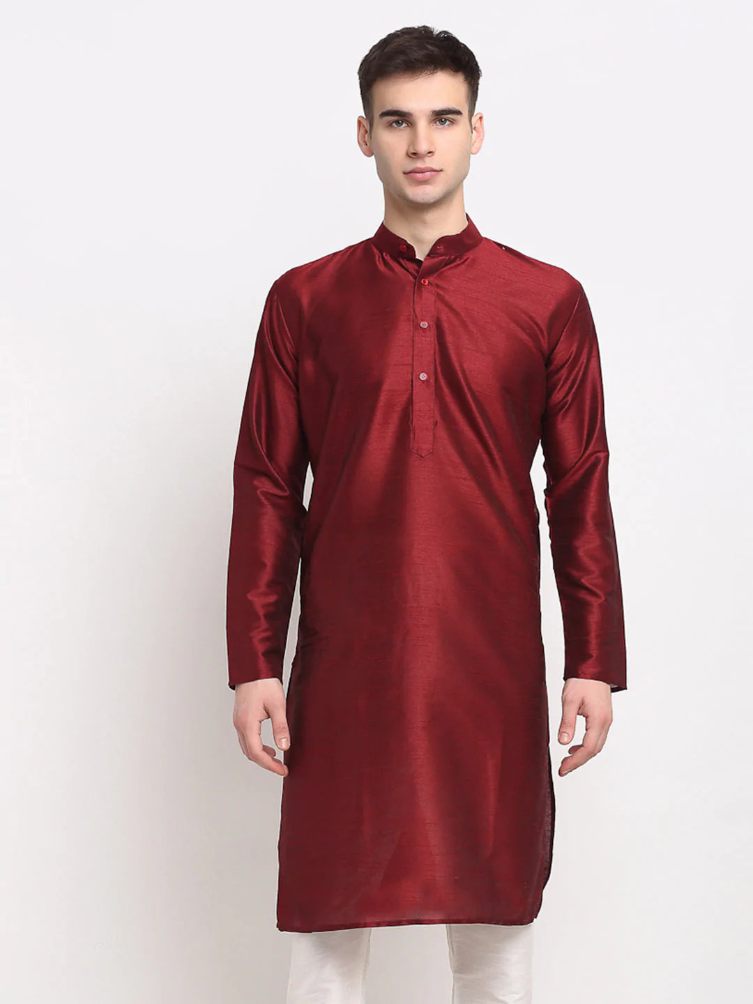 Jompers Men's Maroon Solid Dupion Silk Kurta Only ( KO 636 Maroon )