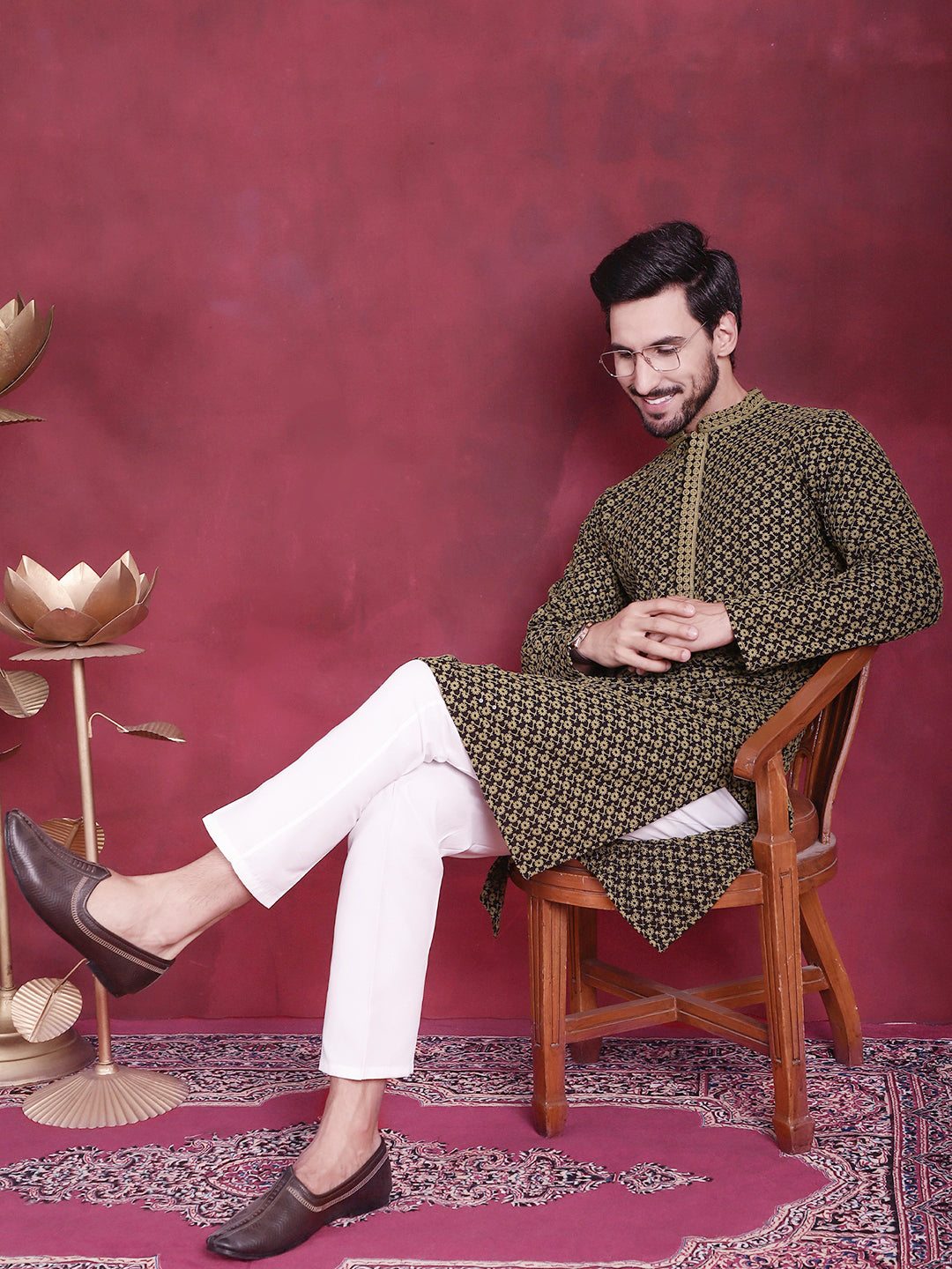 Men's Sequins Embroidered Kurtas ( KO 5013 Mehndi )