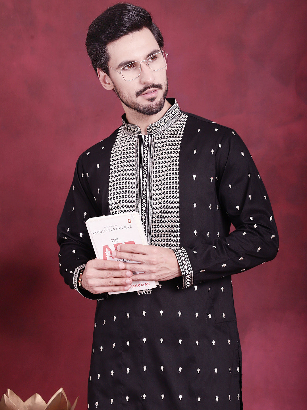 Men's Sequins Embroidered Kurtas. ( KO 5019 Black ) [FF] [I-1-4]