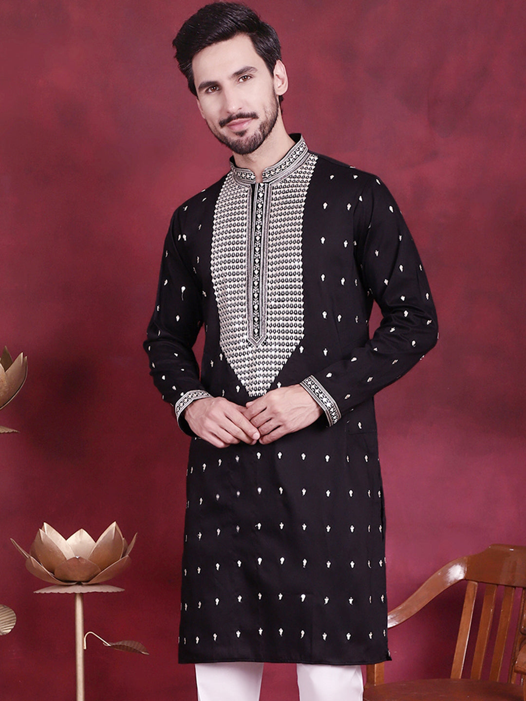 Men's Sequins Embroidered Kurtas. ( KO 5019 Black ) [FF] [I-1-4]