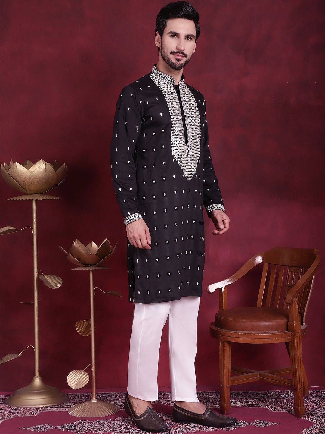 Men's Sequins Embroidered Kurtas. ( KO 5019 Black ) [FF] [I-1-4]