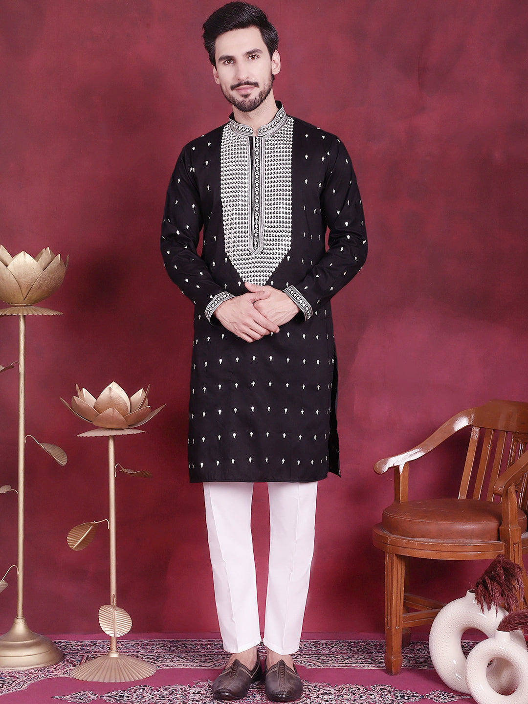 Men's Sequins Embroidered Kurtas. ( KO 5019 Black ) [FF] [I-1-4]