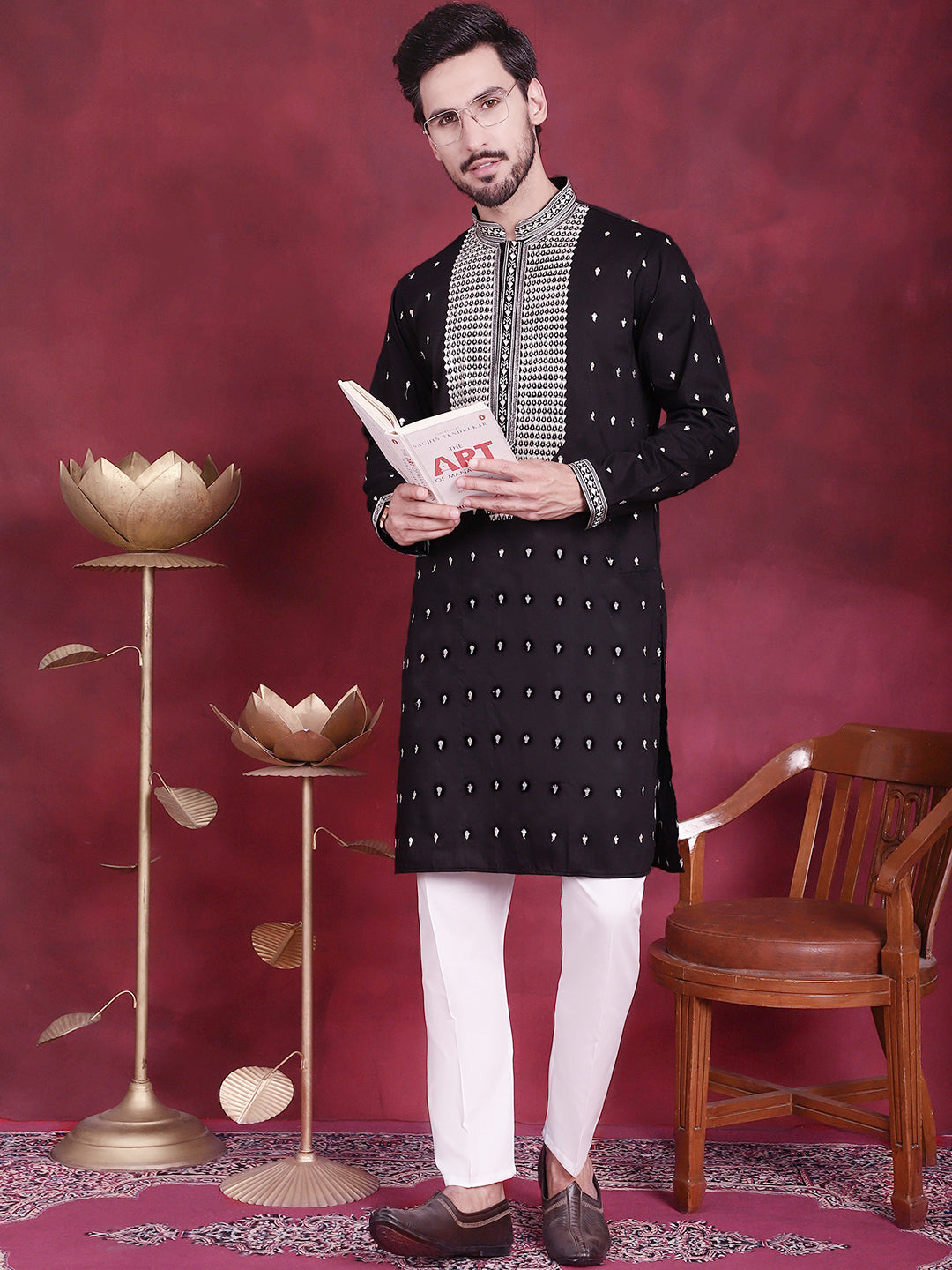 Men's Sequins Embroidered Kurtas. ( KO 5019 Black ) [FF] [I-1-4]