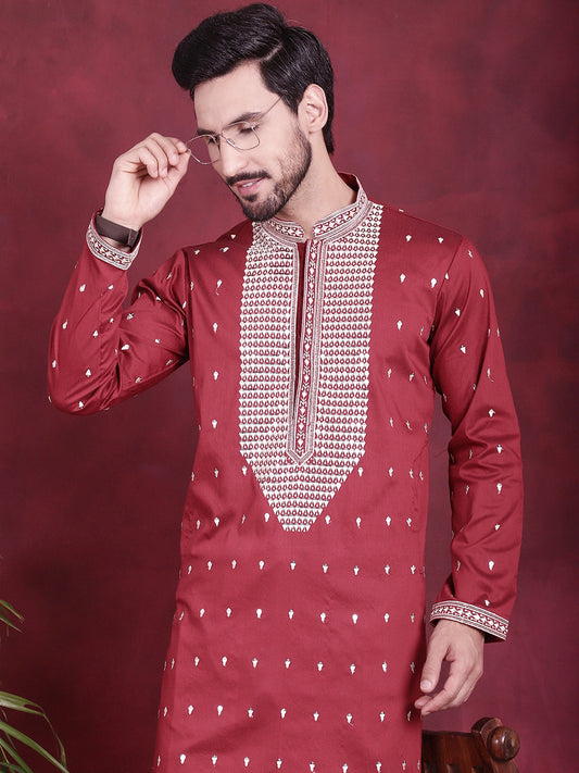 Men's Sequins Embroidered Kurtas. ( KO 5019 Maroon ) [FF] [I-1-4]