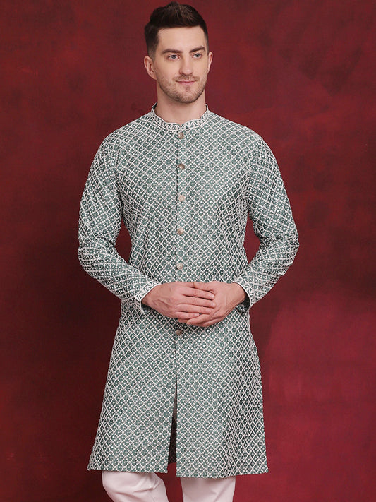 Men Sequin Chikankari Front Open Kurtas ( KO 5029Green )