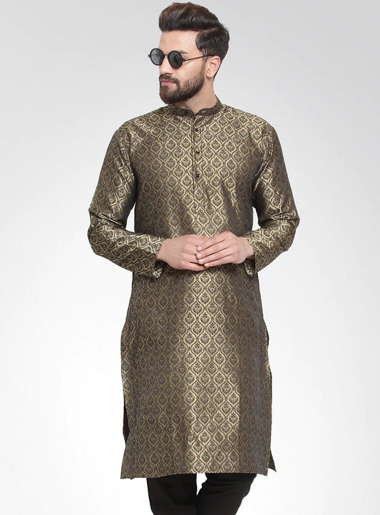 Men Gold-Colored & Black Self Design Kurta Only ( KO 584 Golden )
