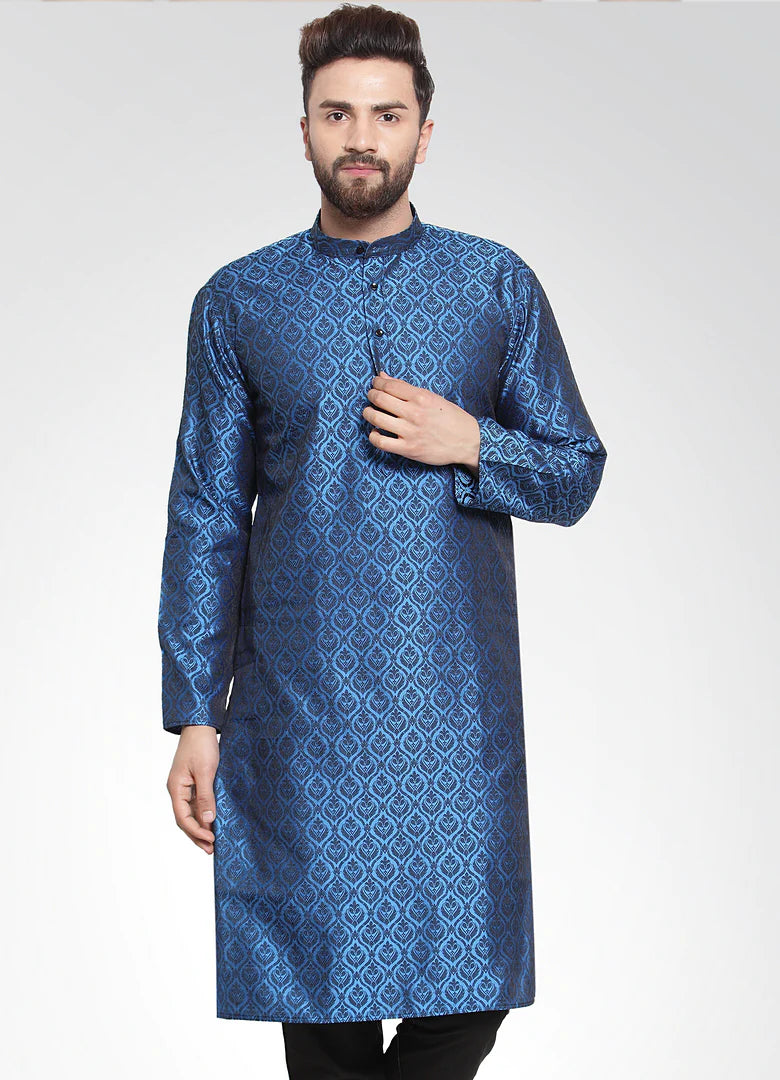 Men Royal-Blue Colored & Black Self Design Kurta Only ( KO 584 Royal Blue )