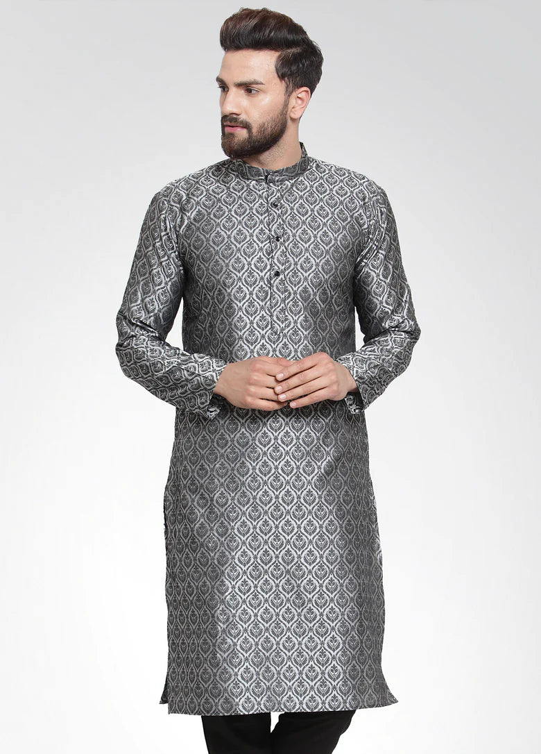 Men Silver-Colored & Black Self Design Kurta Only ( KO 584 Silver )