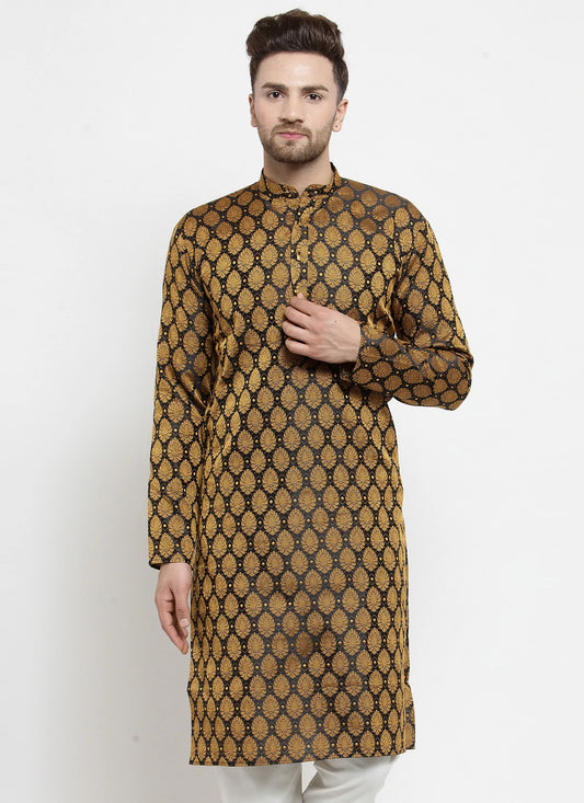 Men Black-Colored & Golden Self Design Kurta Only ( KO 586 Black )