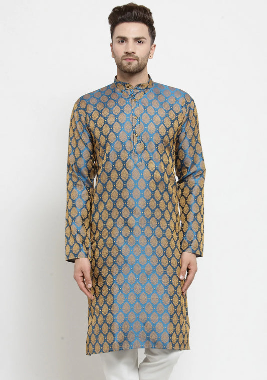 Men Blue-Colored & Golden Self Design Kurta Only ( KO 586 Blue )