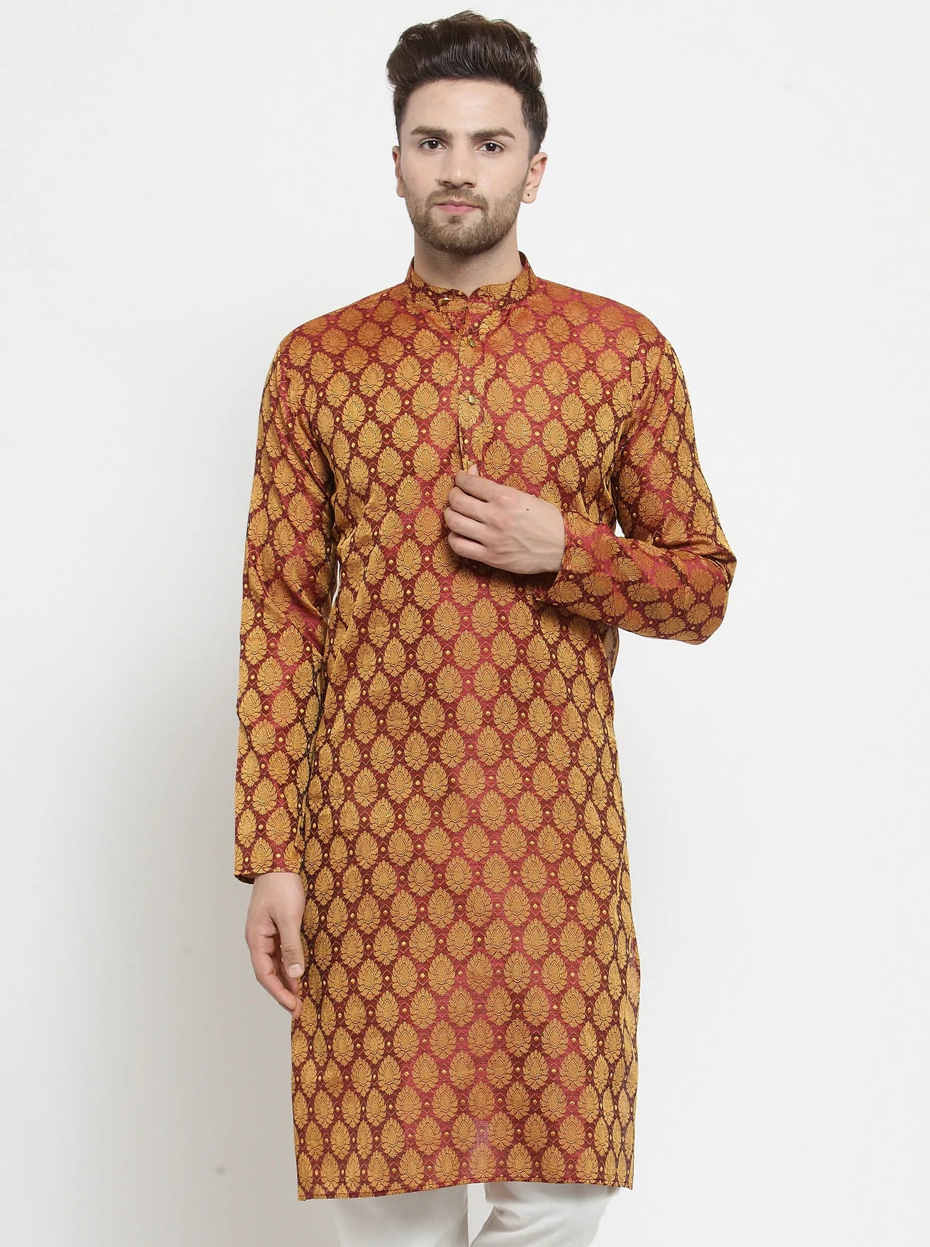 Men Maroon-Colored & Golden Self Design Kurta Only ( KO 586 Maroon )