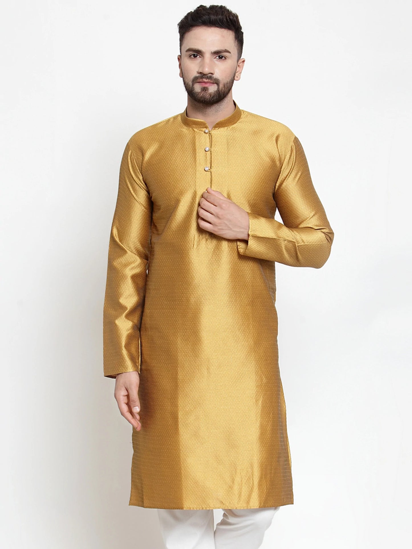 Jompers Men Mustard & White Self Design Kurta Only ( KO 589 Mustard )