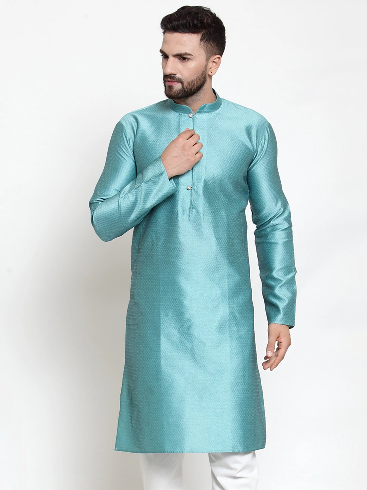 Jompers Men Light-Blue & White Self Design Kurta Only ( KO 589 Sky )