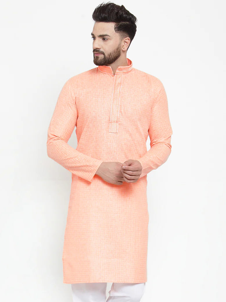 Jompers Men Peach & White Embroidered Kurta Only ( KO 617 Peach )