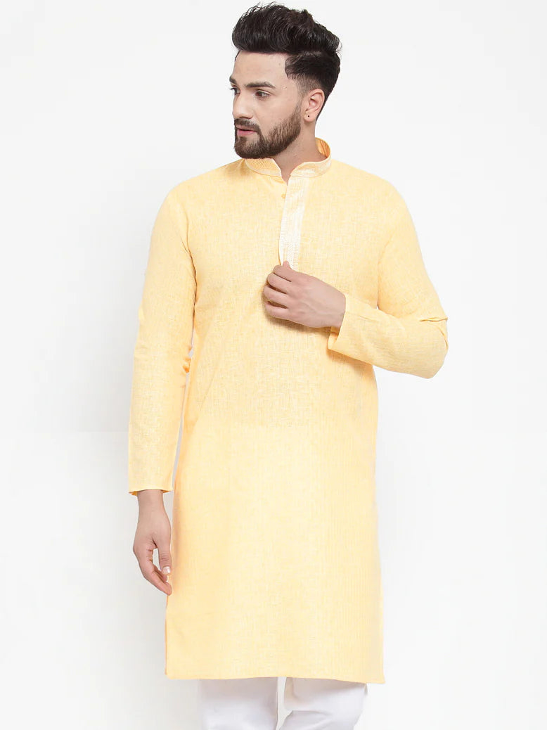 Jompers Men Yellow & White Embroidered Kurta Only ( KO 617 Yellow )