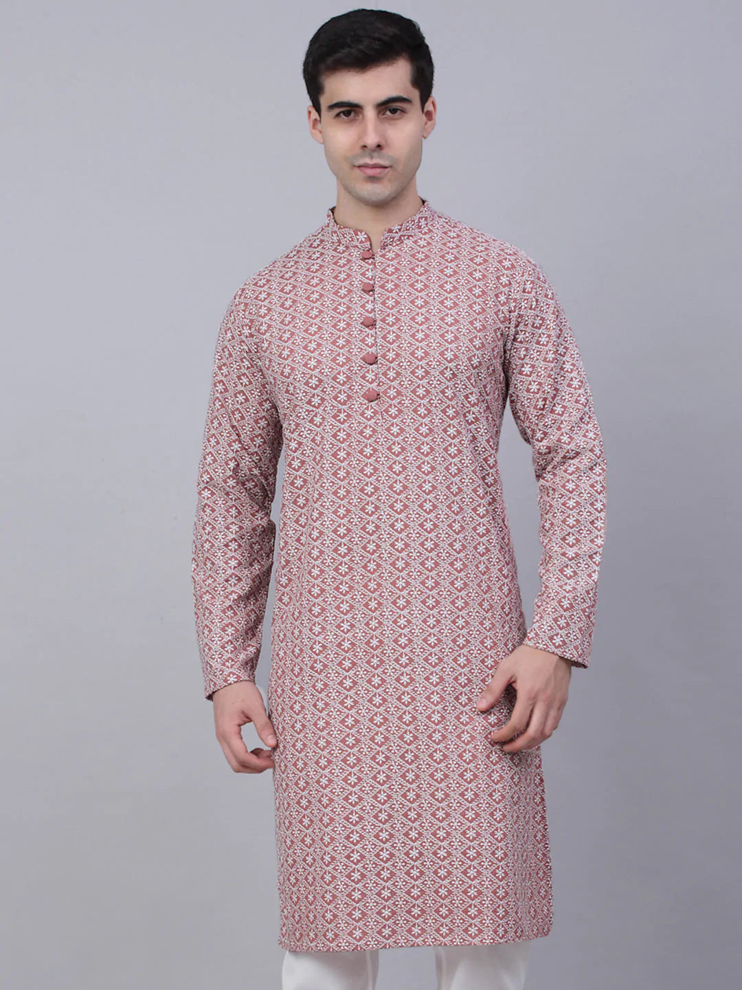 Men's Coral Red & White Embroidered Straight Kurtas ( KO 626 Coral )