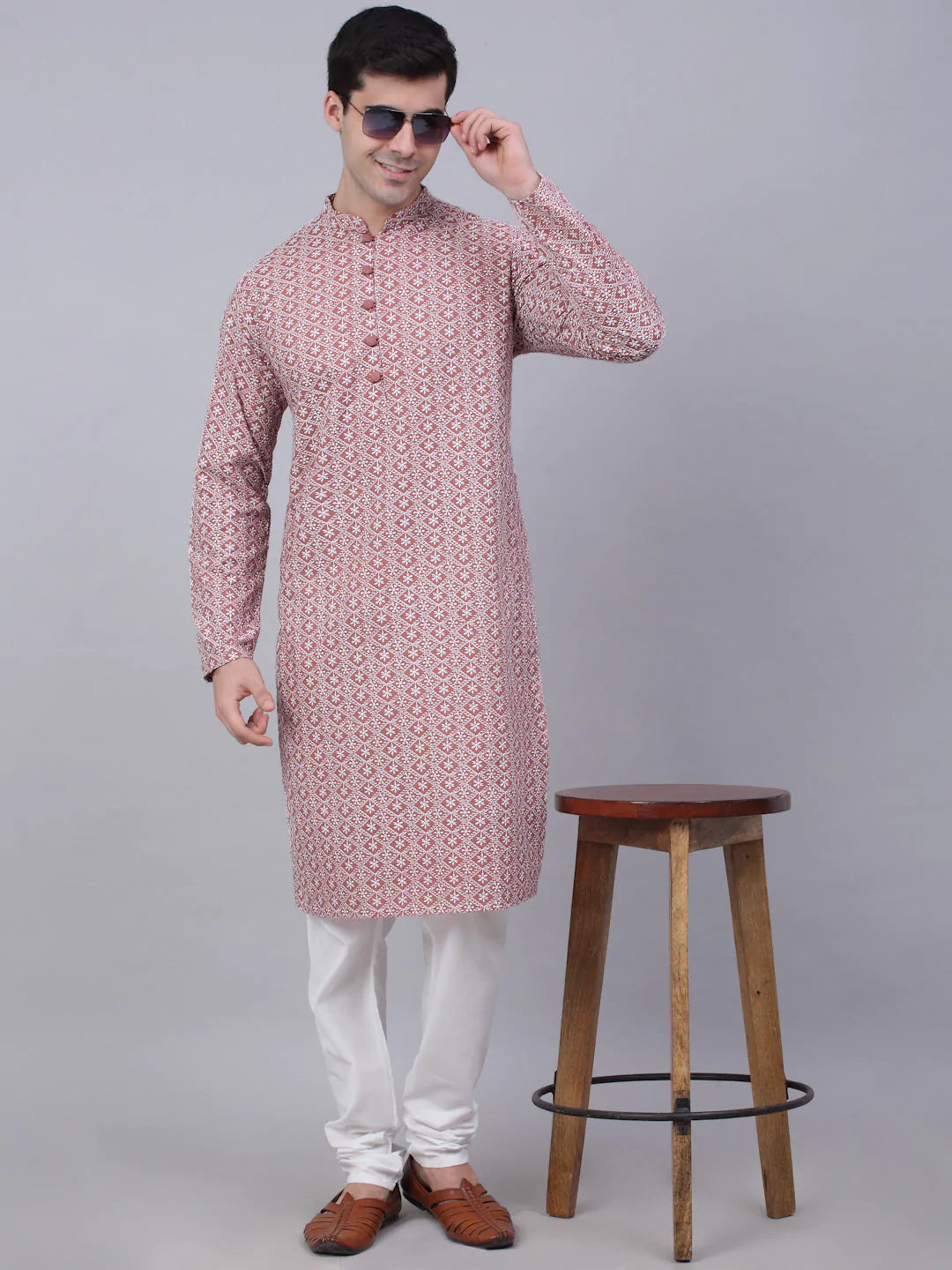 Men's Coral Red & White Embroidered Straight Kurtas ( KO 626 Coral )